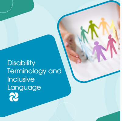 Cover slide for a presentation titled 'Disability Terminology and Inclusive Language,' featuring an image of colorful paper cutouts of people holding hands.