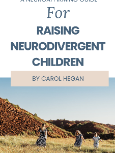 Book cover titled 'A Neurodiversity Guide For Raising Neurodivergent Children' by Carol Hegan, with an outdoor scene of children walking in a grassy field against a blue sky.
