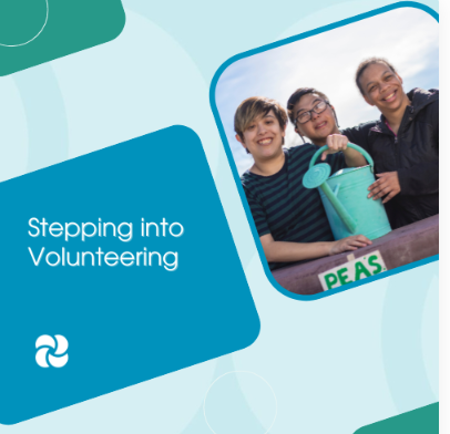 A flyer or poster featuring a group photo of three children smiling, holding a small toy or object, with the text 'Stepping into Volunteering' and a PEAS logo.