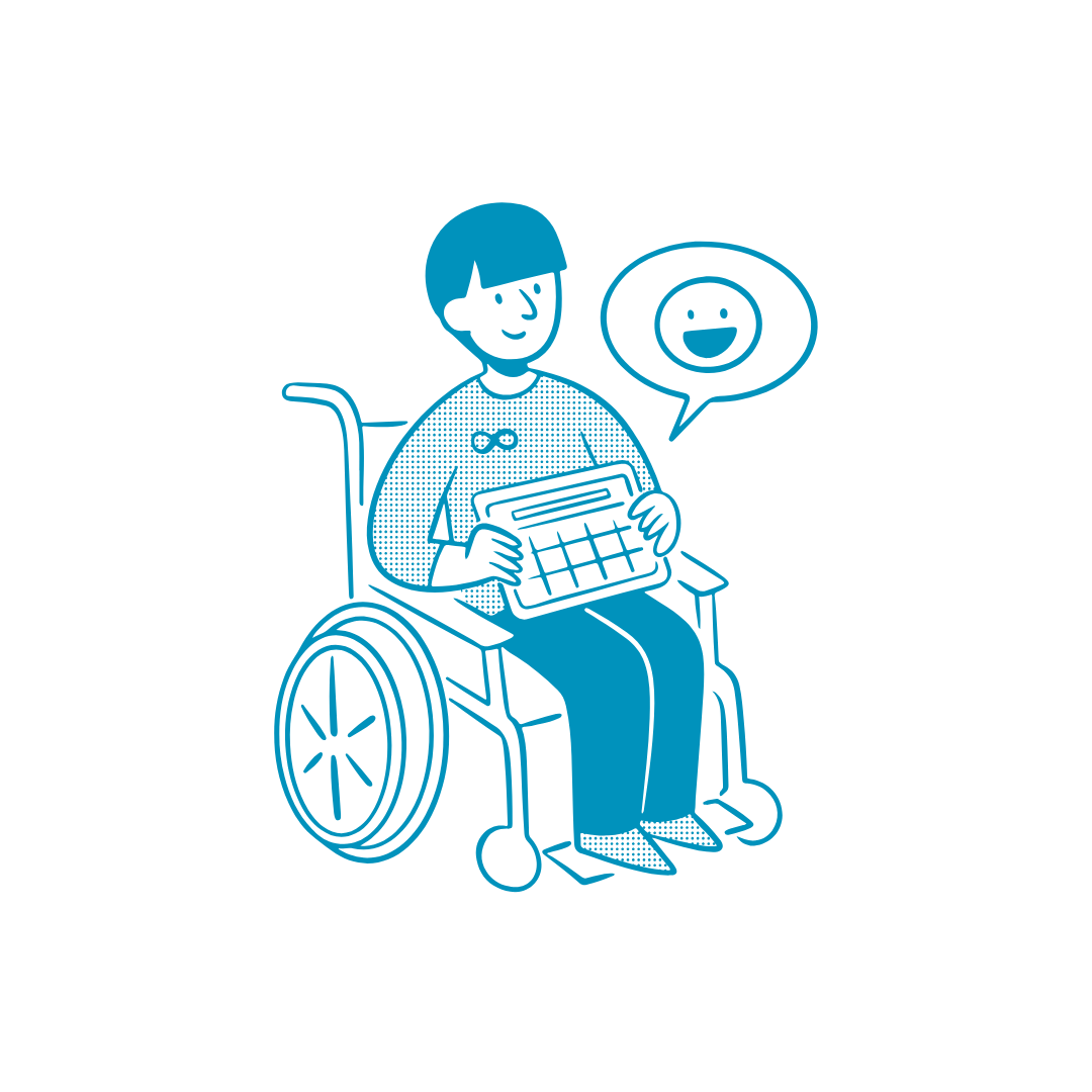 Illustration of a person in a wheelchair holding a gaming controller, with a speech bubble containing a happy face.