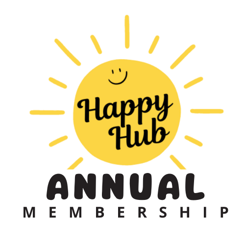 Logo with a yellow sun and a smiling face, with the text 'Happy Hub' inside the sun, and the words 'Annual Membership' below.