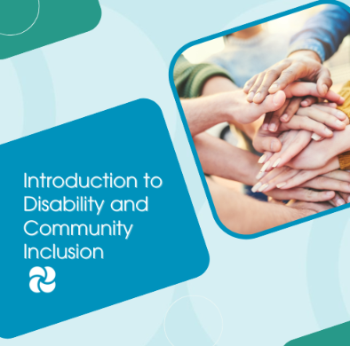 Cover of a presentation titled 'Introduction to Disability and Community Inclusion' with a photo of multiple hands stacked together.