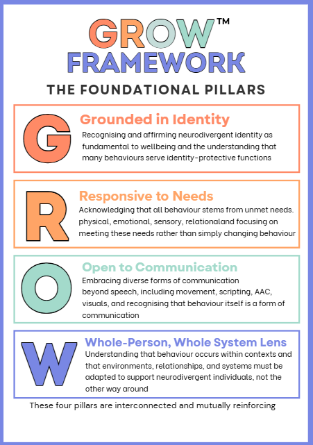 Graphic detailing the GROW Framework's foundational pillars: Grounded in Identity, Responsive to Needs, Open to Communication, and Whole-Person, Whole System Lens.
