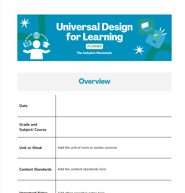 Cover page of a Universal Design for Learning planner with an overview section, including fields for date, grade and subject, unit or week, content standards, and notes.