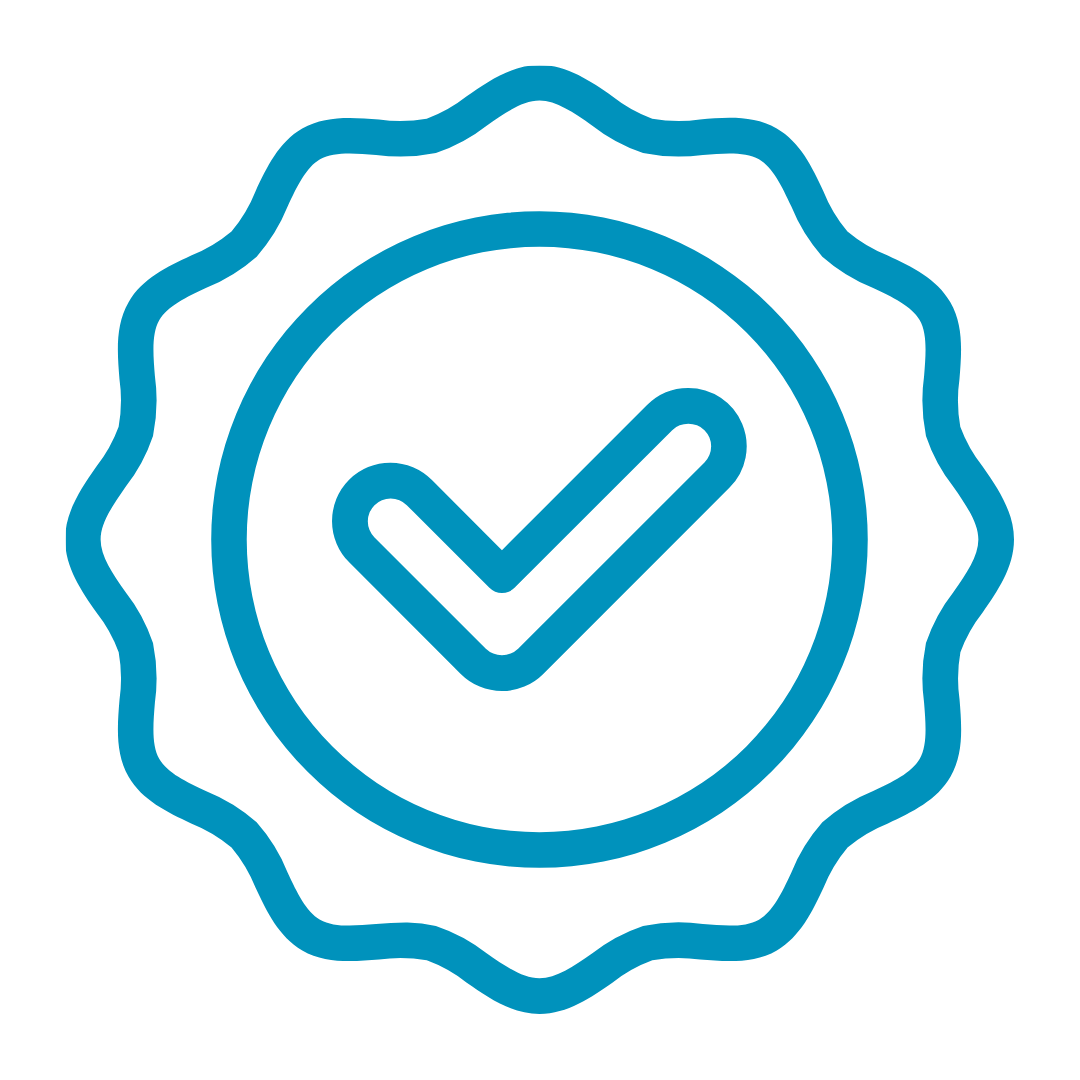 Blue certification badge with a checkmark inside a circle, surrounded by a wavy border.