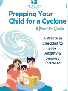 Cover page of a parent’s guide titled 'Prepping Your Child for a Cyclone' with illustrations of a family reading together and a stylized cyclone graphic in the background.