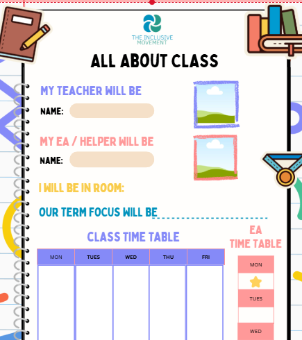 Class schedule and information sheet titled 'All About Class' with sections for teacher's name, helper's name, room number, term focus, and class timetable. It features colorful icons of books, a pencil, a medal, and a star.