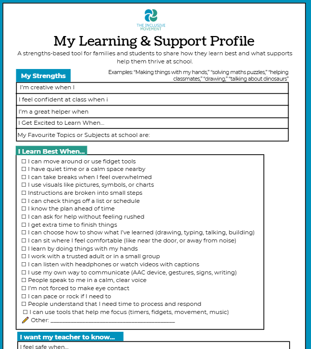 A detailed learning and support profile form from The Inclusive Movement, designed for families and students to identify learning strengths and support needs, with sections on strengths, best learning strategies, and areas to inform teachers.