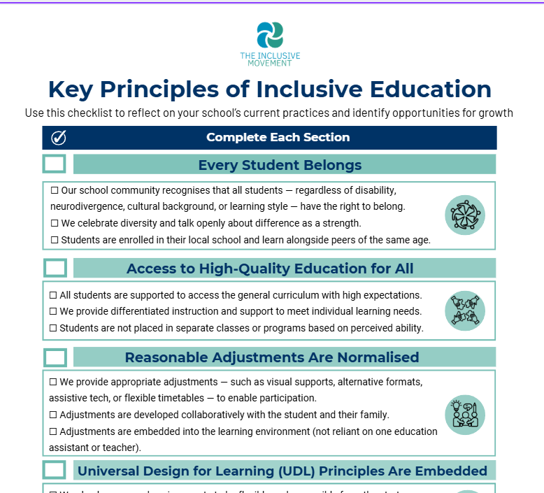 Checklist of key principles for inclusive education, including students belonging, access to high-quality education, reasonable adjustments, and universal design, with icons representing each section.