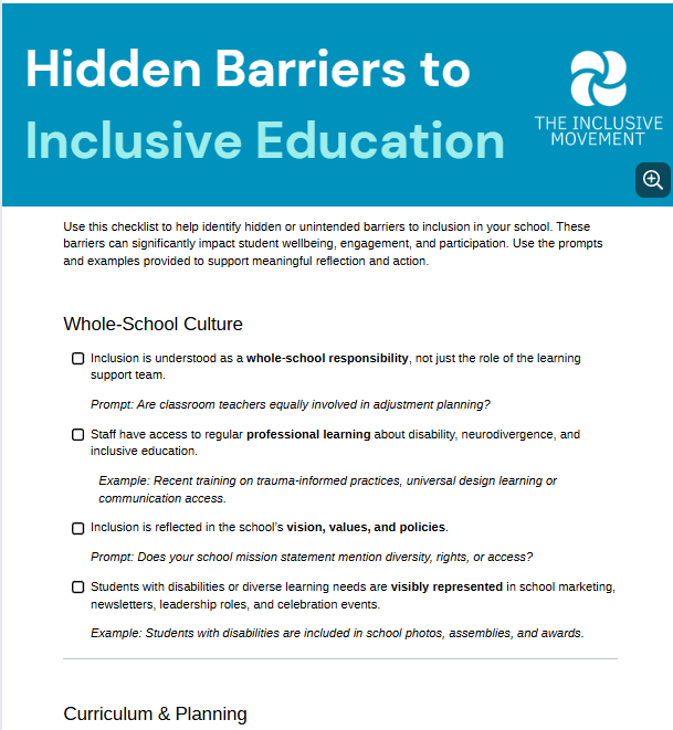 Checklist titled "Hidden Barriers to Inclusive Education" with sections on Whole-School Culture and Curriculum & Planning, including questions about school responsibility, staff access to professional learning, school mission statement, and representation of students with disabilities.