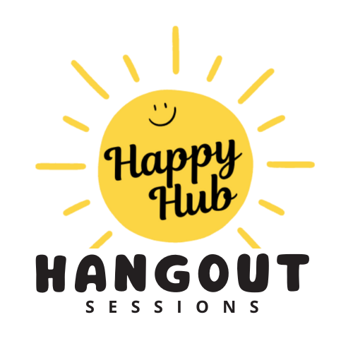 A yellow sun with a smiling face and rays extending outward. Inside the sun, it says "Happy Hub" in black text. Below the sun, it says "HANGOUT" in bold black letters and "SESSIONS" in smaller black text.