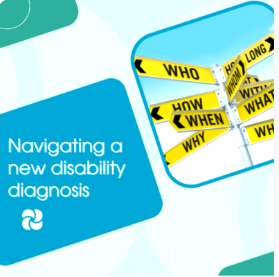 Cover slide for a presentation titled 'Navigating a new disability diagnosis' with an illustration of yellow and black caution tape with words like 'WHO,' 'WHEN,' 'WHY,' 'WHAT,' and 'LONG'