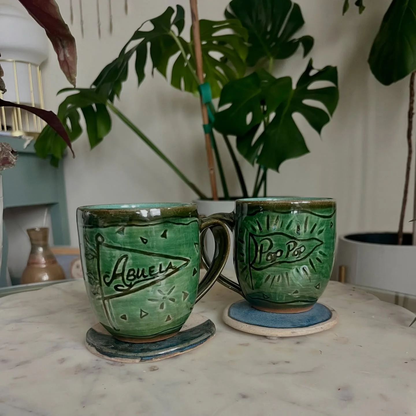 These finished mugs were commissioned to celebrate first time grandparents ☕💙

We are so excited for Abuela and Pop Pop to absolutely spoil their new granddaughter!

&mdash;
#ceramicart #ceramicmugs #glazingpottery #firsttimegrandparents #austintexa