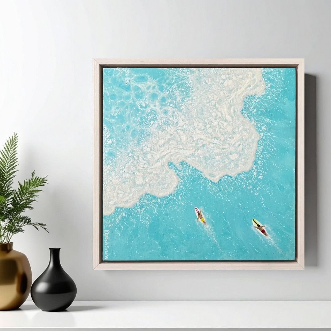 Painting of two surfers approaching a wave