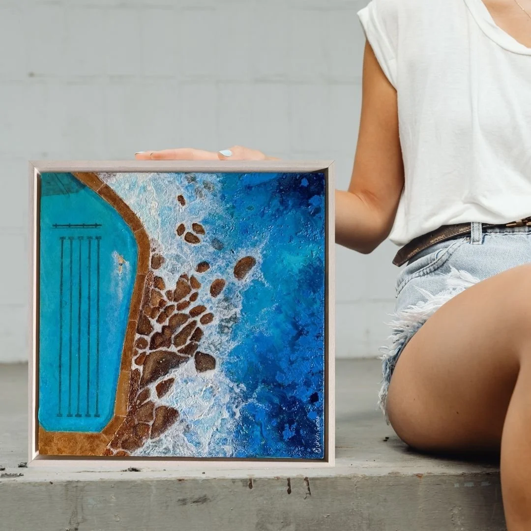 Painting of Bronte beach pool with swimmers and rocks