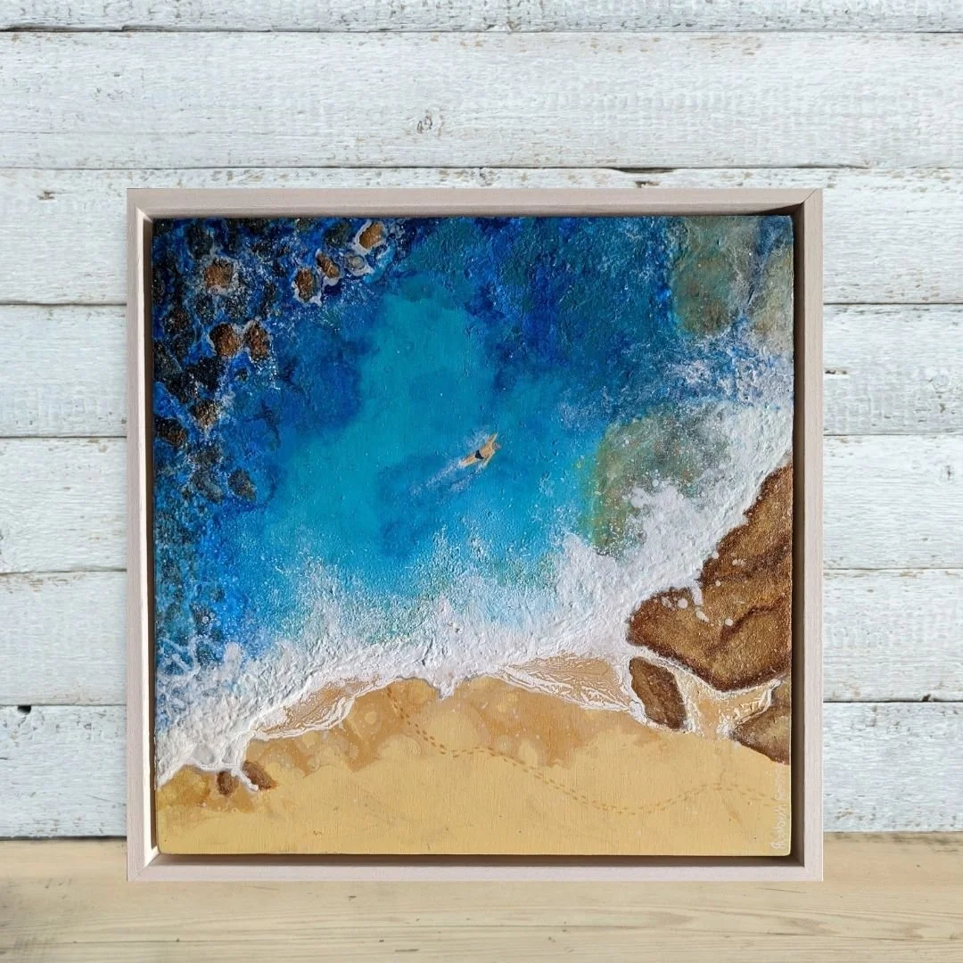 Painting of Bronte Beach bogey hole with swimmer 
