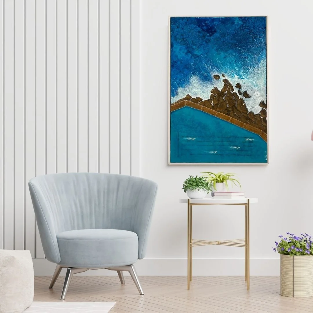 Painting of Bronte beach pool with swimmers and rocks