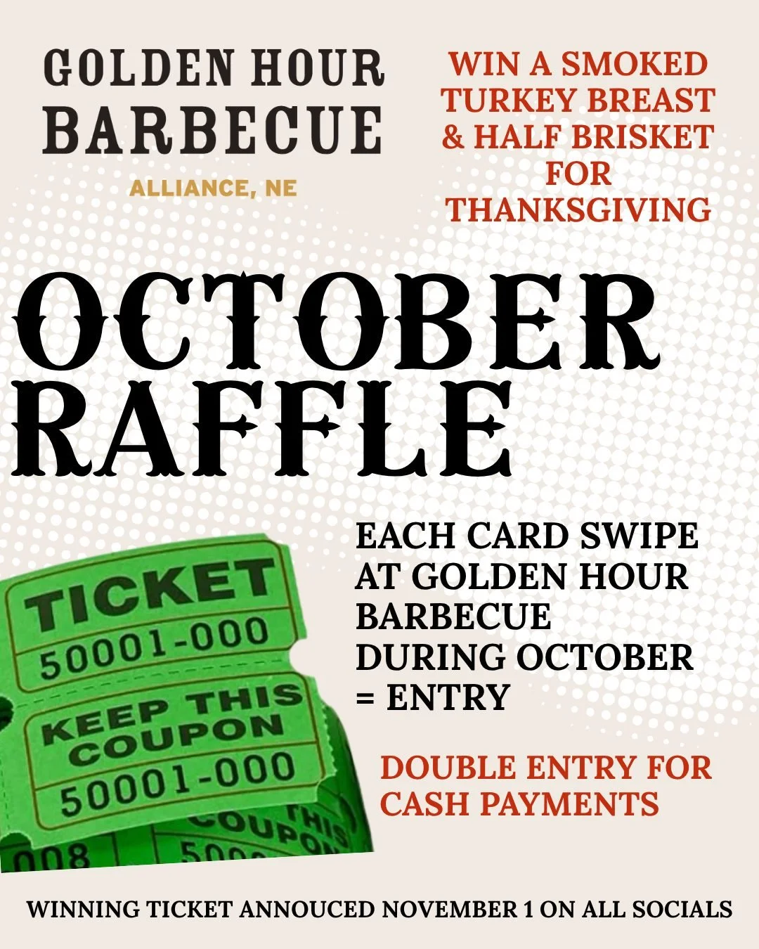 We've got an exciting raffle for y'all this month! 

*This is posted October 4, 2025 so if you came in on October 3 &amp; would like to participate send us a DM to get a raffle ticket!