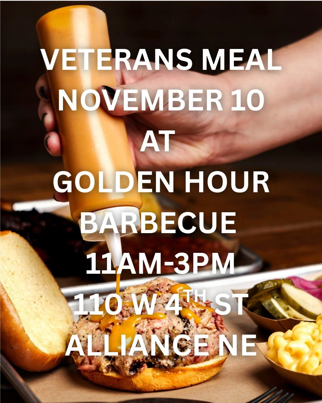 A free meal for all veterans will be served Monday, November 10th from 11AM&ndash;3PM (or while supplies last) at Golden Hour Barbecue.
This tradition began in 2024, when the owners decided that offering a free meal was the least that could be done t