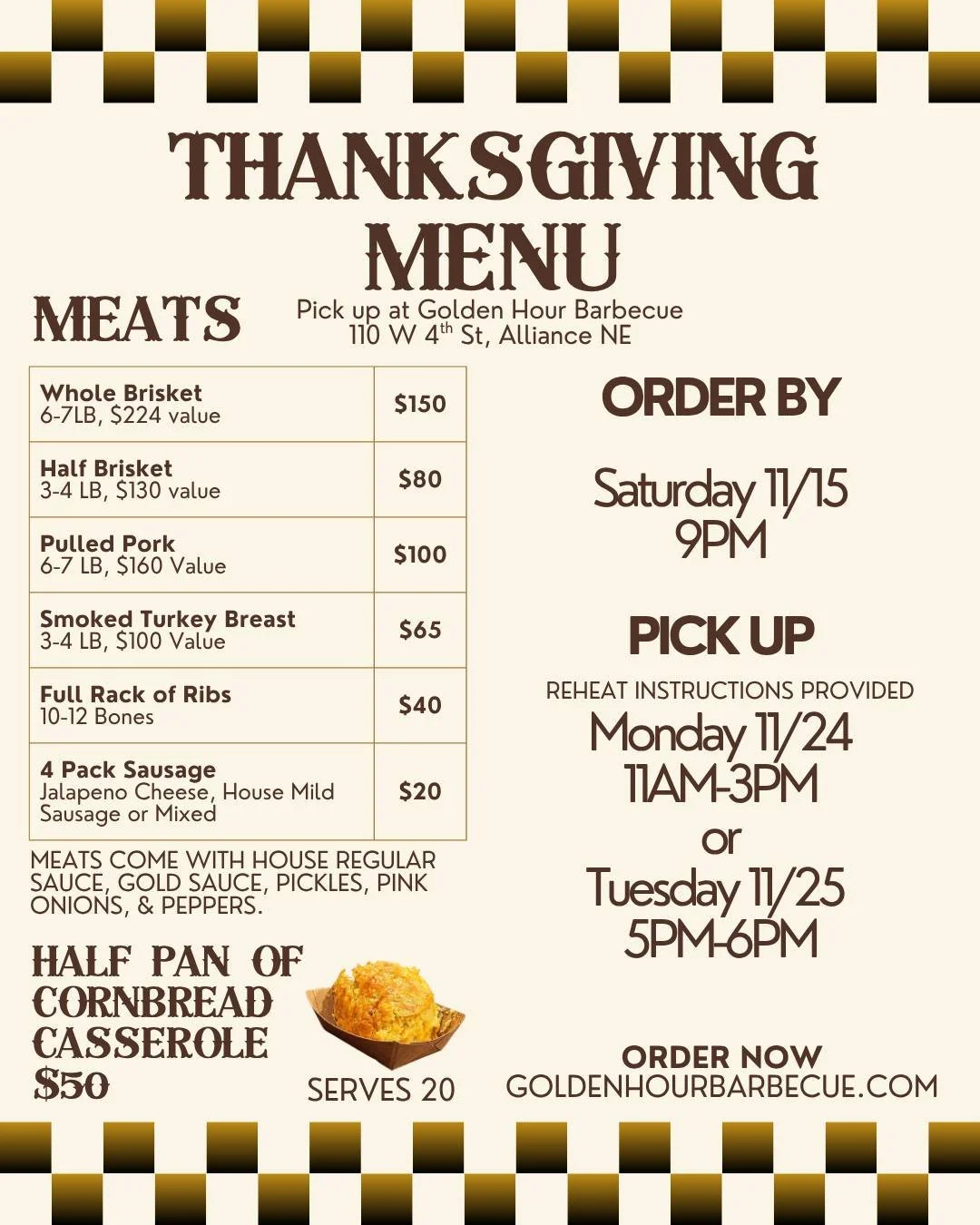 LAST DAY to get your Thanksgiving pre-orders in!
Online orders close TONIGHT (SATURDAY) at 9PM MST, and today is your final day to order at the register.
You&rsquo;ll thank yourself when you're not stressing out on Thanksgiving. ❤️

Pre-Order Options