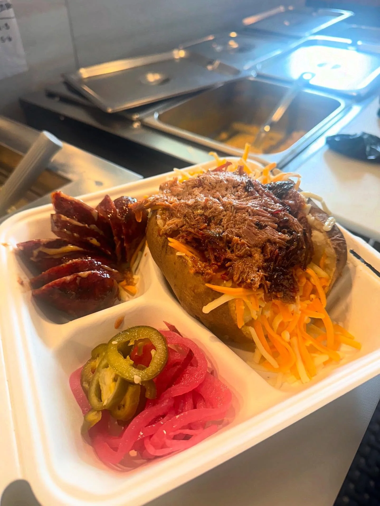 Loaded Potatoes
Available 11AM&ndash;3PM we&rsquo;ve got 60 potatoes on the smoker so they should last us all service 

What do y&rsquo;all think of the Philly Cheesesteak link? 👀

#TexasBarbecue #OasisInTheSandhills