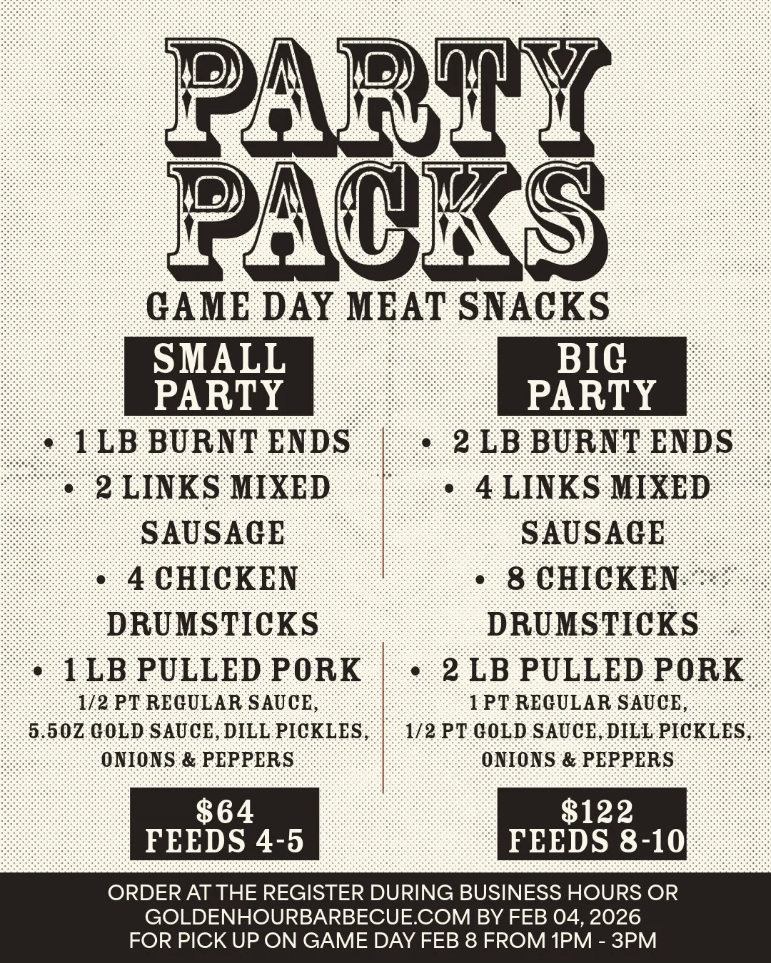 ABOUT TO CAPACITY- ORDER A SMALL OR BIG PARTY PACK NOW
golden-hour-barbecue.square.site