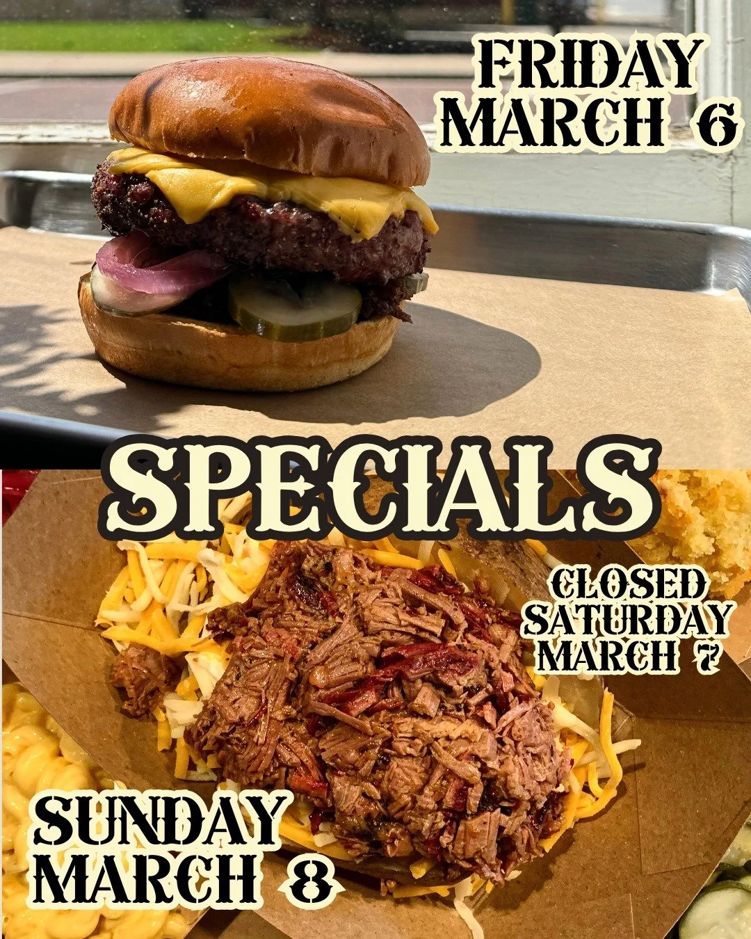 We're excited to see our regulars &amp; be open for service again. We've got a big gig out of town Saturday so we're only bringing you two days of service this week: Friday (11AM-7PM) &amp; Sunday (11AM-3PM) We have the most cheeseburgers hitting the