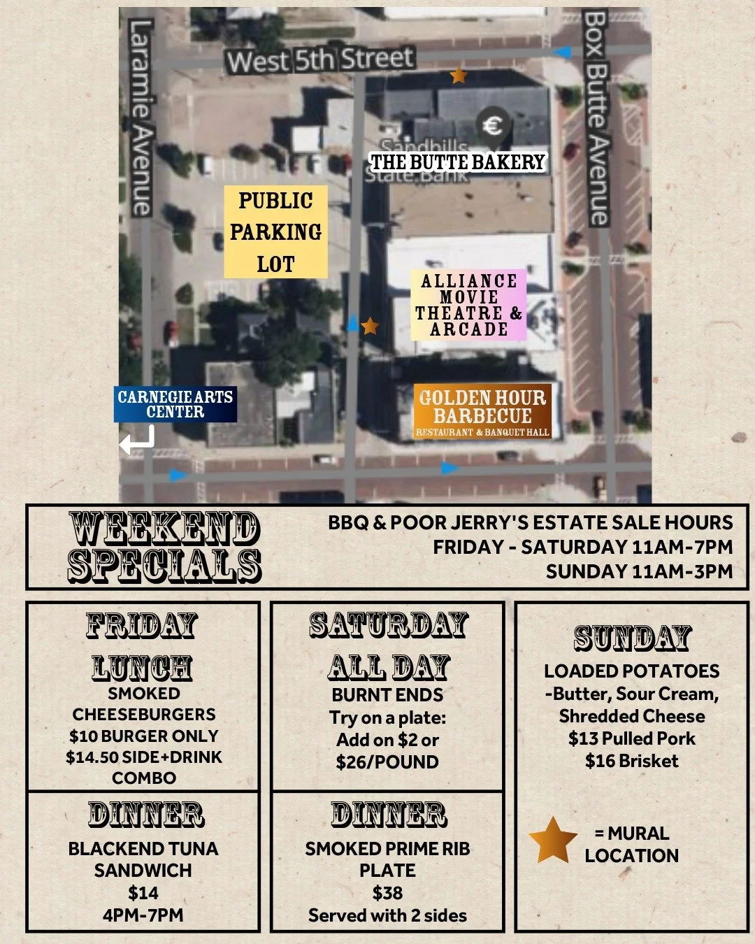 PARKING DOWNTOWN
If 4th Street is full, there&rsquo;s a public lot behind-ish our location (access from Laramie Avenue). It is pretty easy to find! There are only a couple, but please respect posted no-parking areas.
If you're only headed to the esta