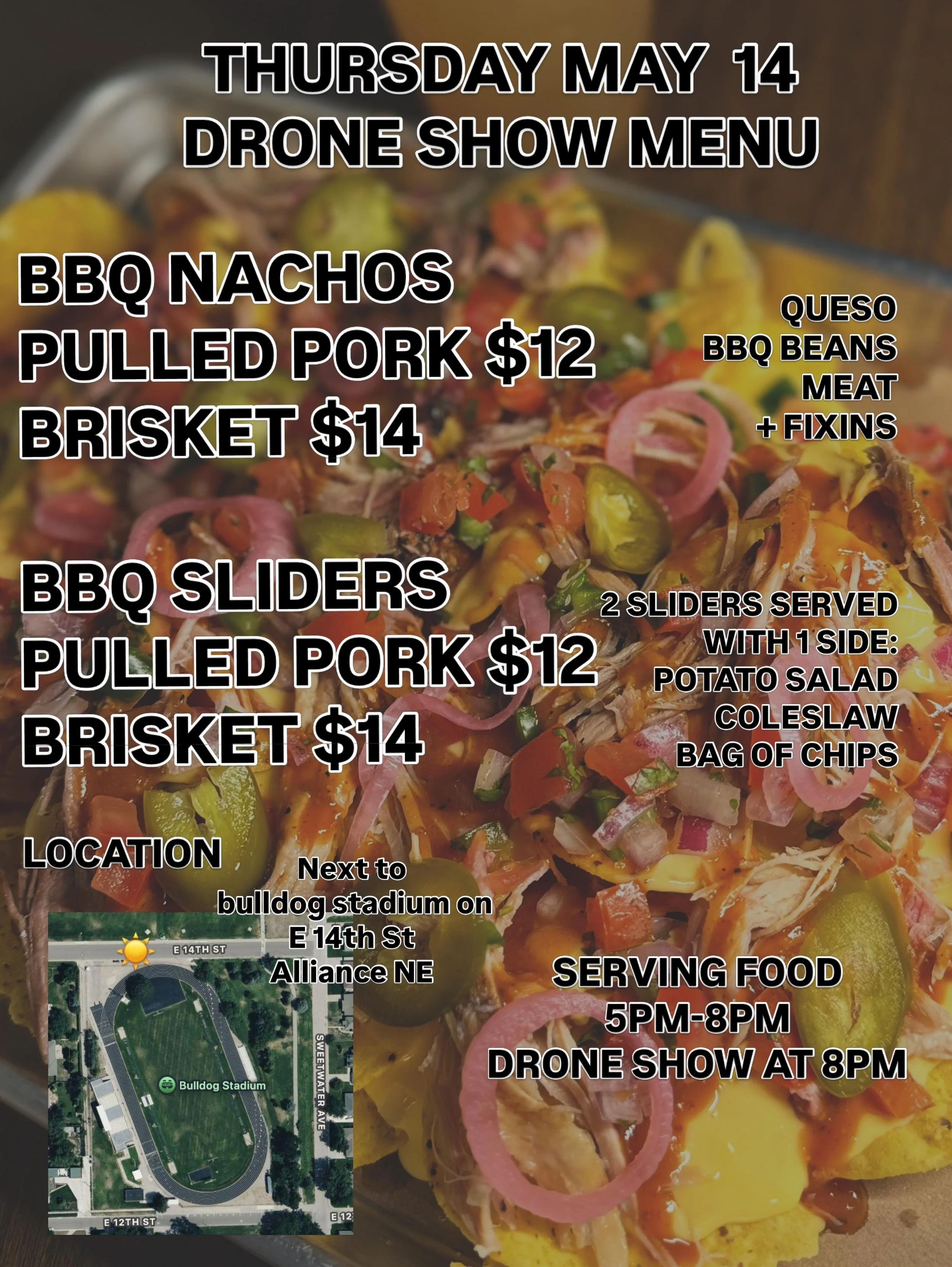 We&rsquo;re excited to be a part of the first Alliance community drone show!
This Thursday May 14th from 5pm - 8pm we will be serving BBQ nachos, sliders &amp; sides on East 14th St (next to bulldog stadium) alongside our friends @turtlepowerpizza @l