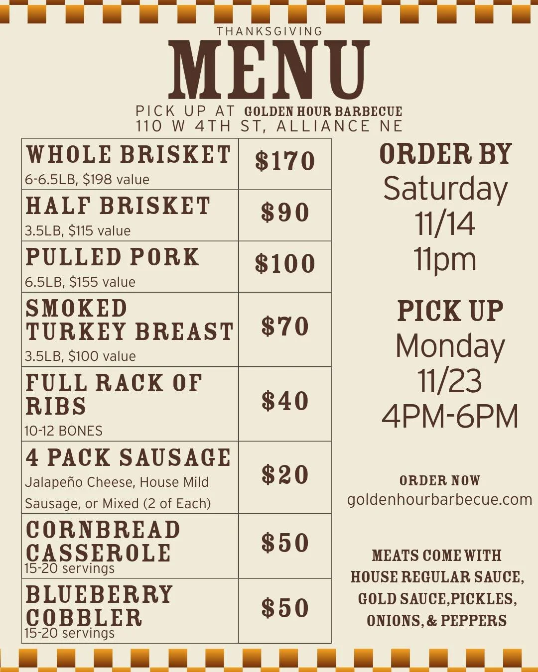 **THANKSGIVING 2026 PRE-ORDERS ARE OPEN!**

We're excited to be part of your Thanksgiving traditions again!

Whether you're feeding a crowd, heading out of town, or just looking to take your workload easy this year, we've got options for you.

You ca