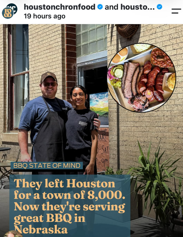 Flor and Fletcher Sheridan are standing in front of the brick building that is Golden Hour Barbecue