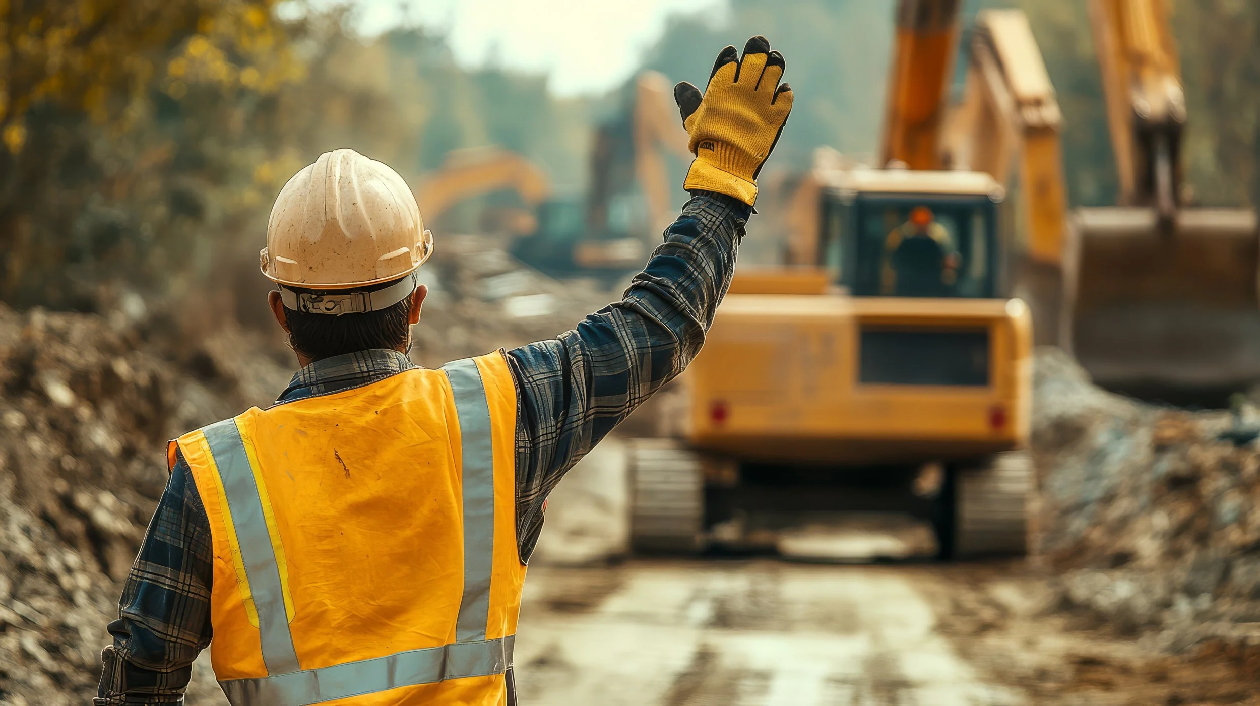 A construction worker wearing a white hard hat and yellow safety vest directs a bulldozer on a construction site during daytime, with trees and other construction equipment in the background.