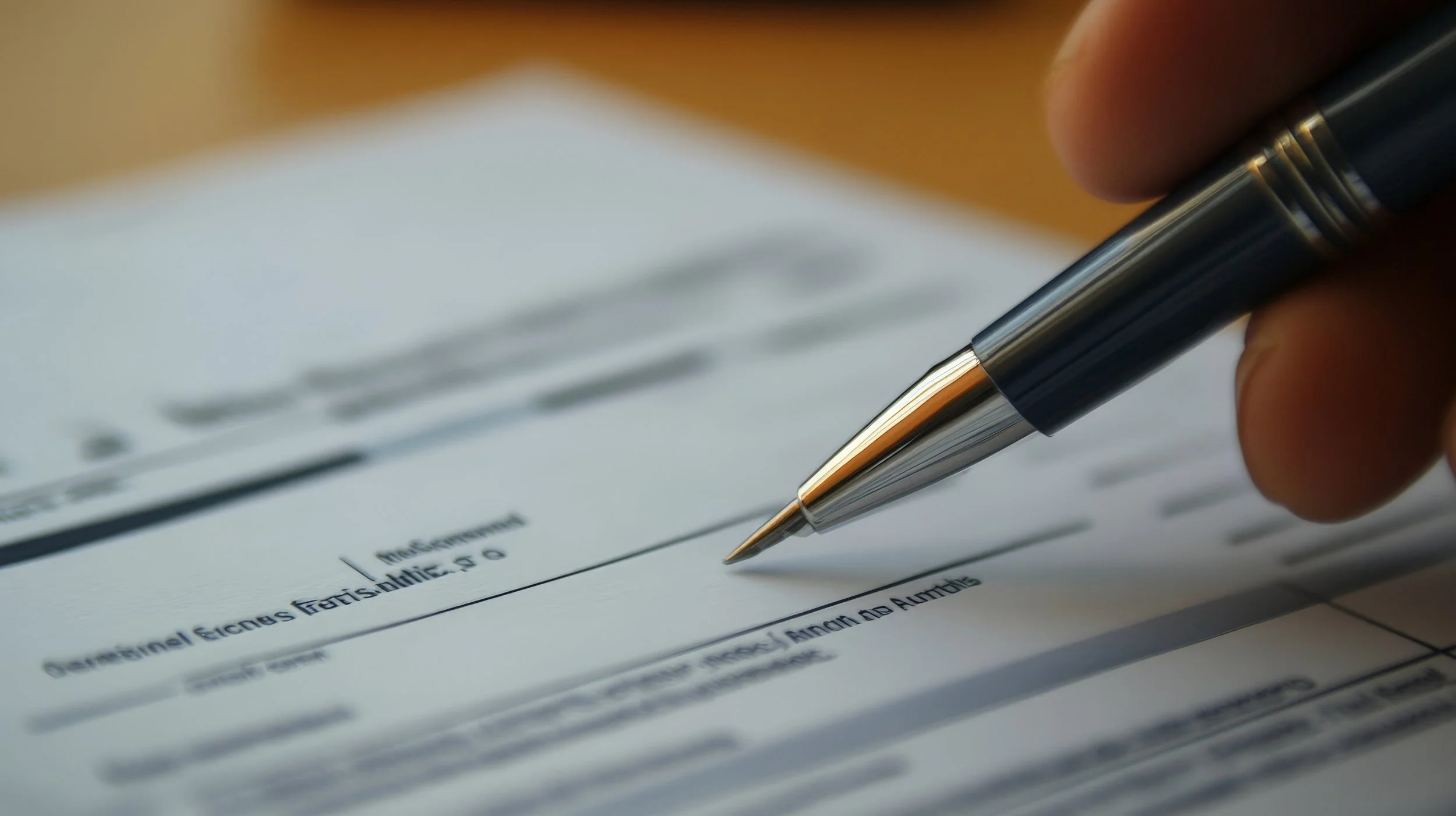 Close-up of a hand holding a silver and black pen over a document, with some text visible on the paper.