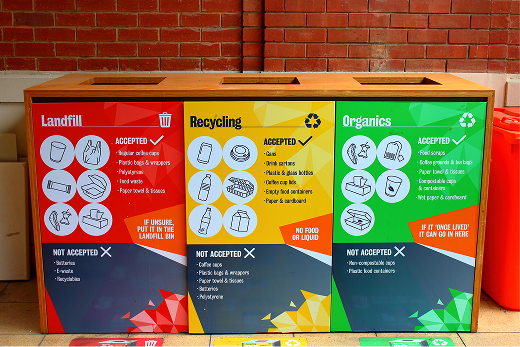 Three-colored recycling bins for landfill, recycling, and organics with labeled instructions, against a brick wall.