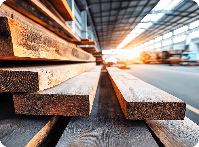 Stacked wooden planks in a warehouse or lumberyard with sunlight streaming through large windows.