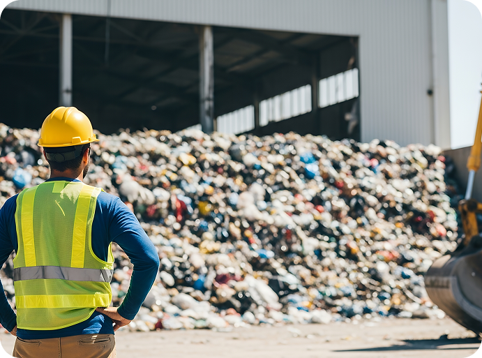 Worker with yellow safety helmet and vest inspecting a large pile of garbage at a recycling or waste processing facility.