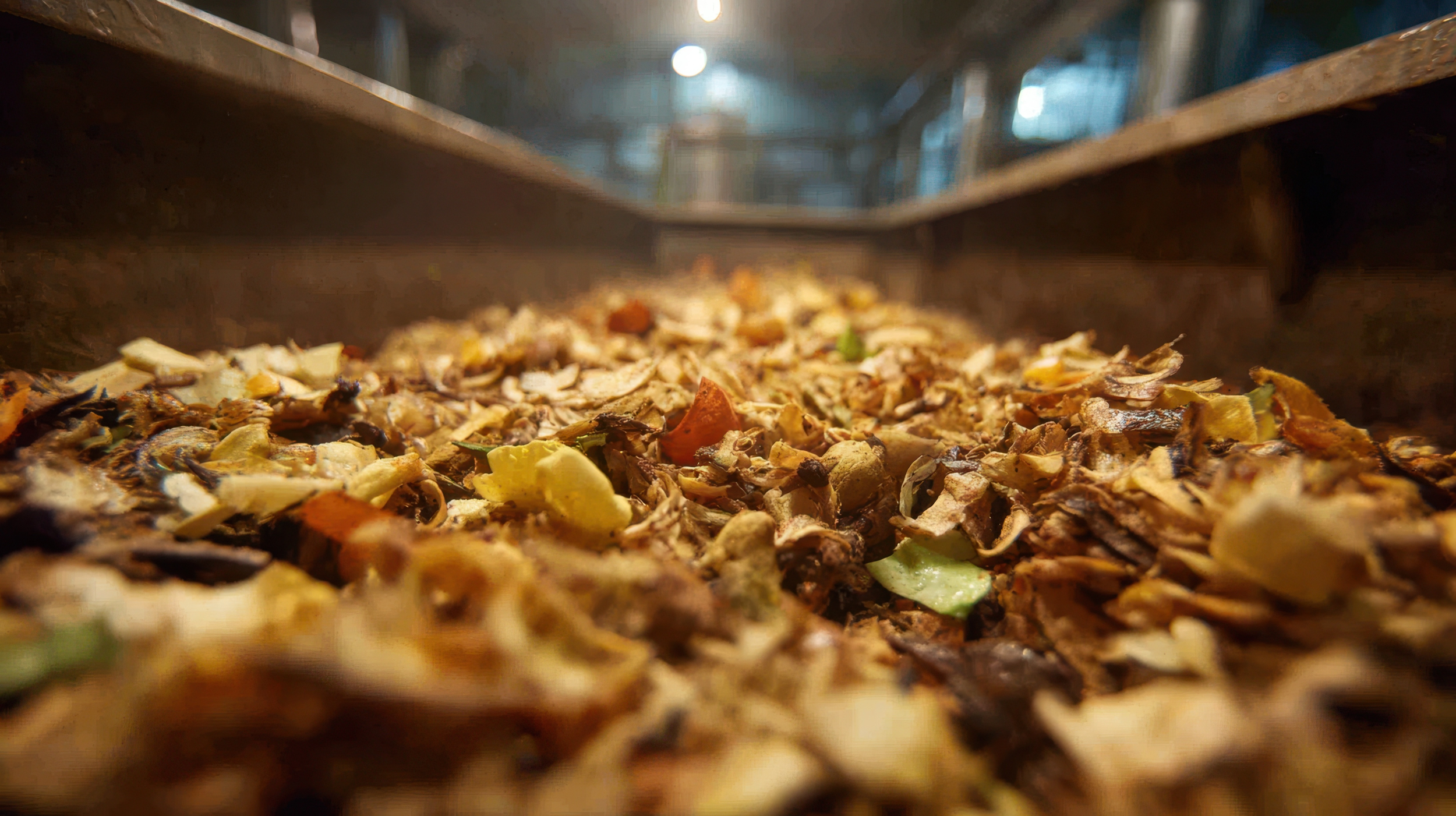 Organic food waste and vegetable scraps being processed at a composting or recycling facility for organic waste recovery