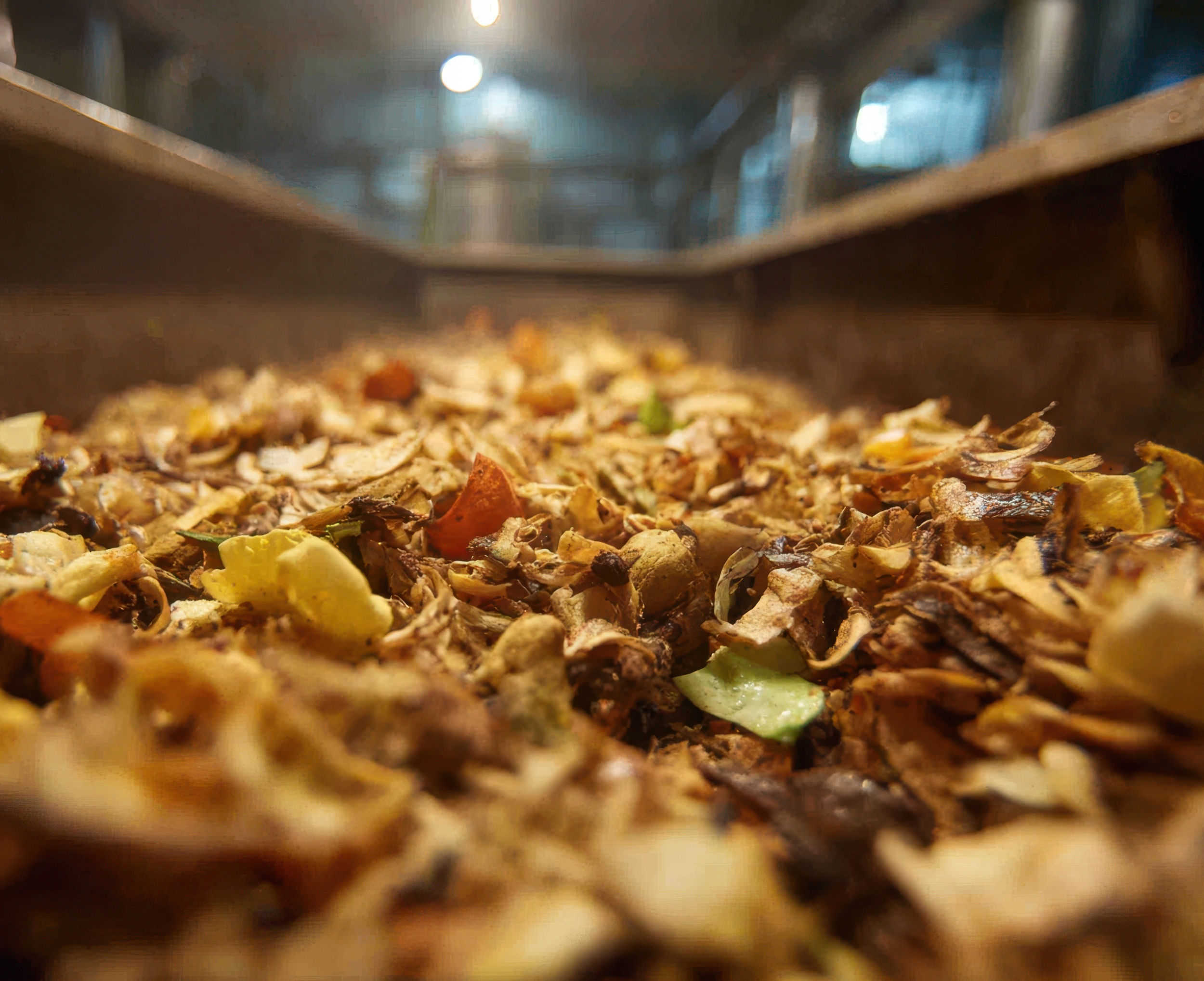Organic food waste and vegetable scraps being processed at a composting or recycling facility for organic waste recovery