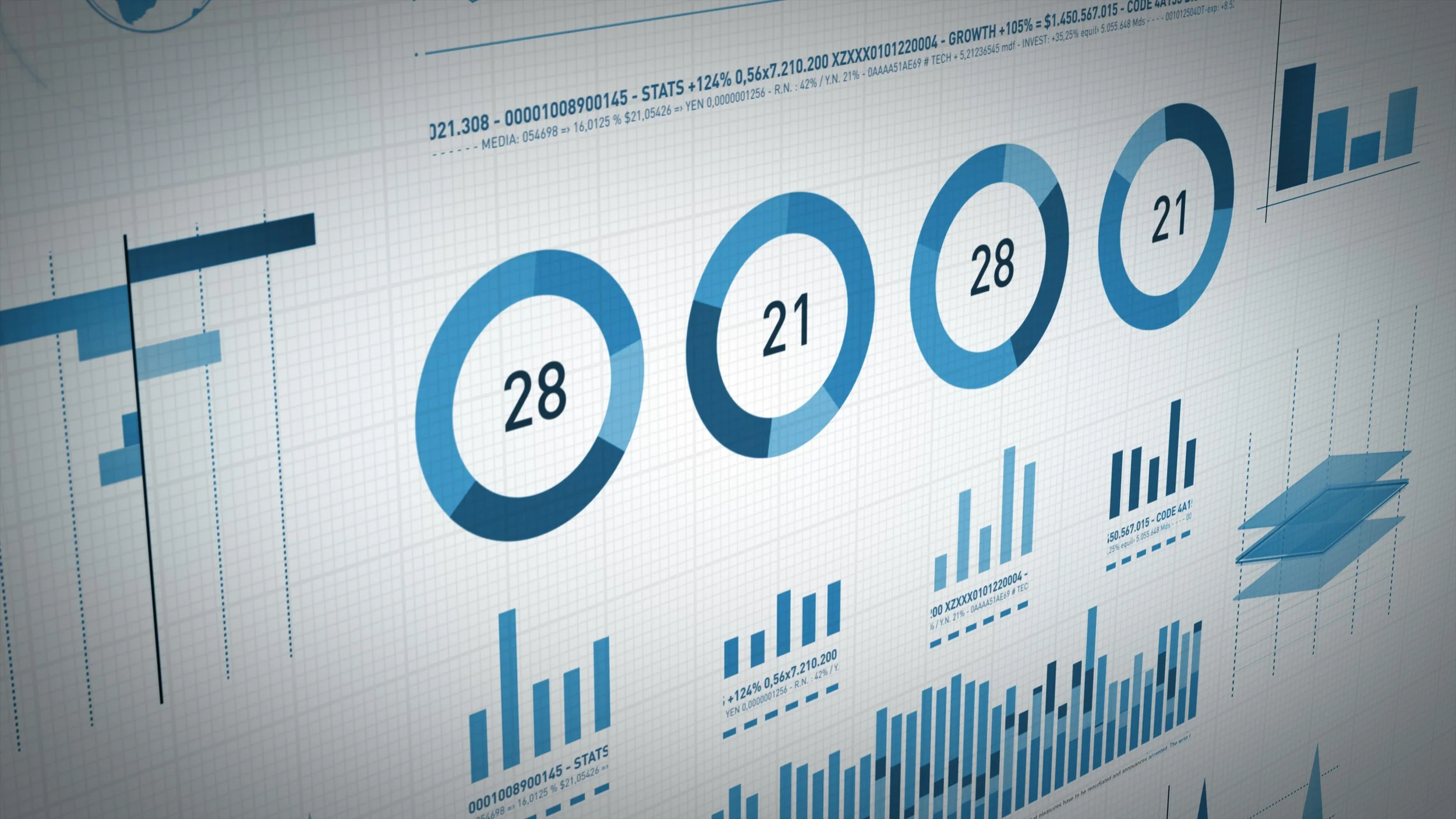 A computer screen displaying a data analytics dashboard with graphs and charts in blue and white.