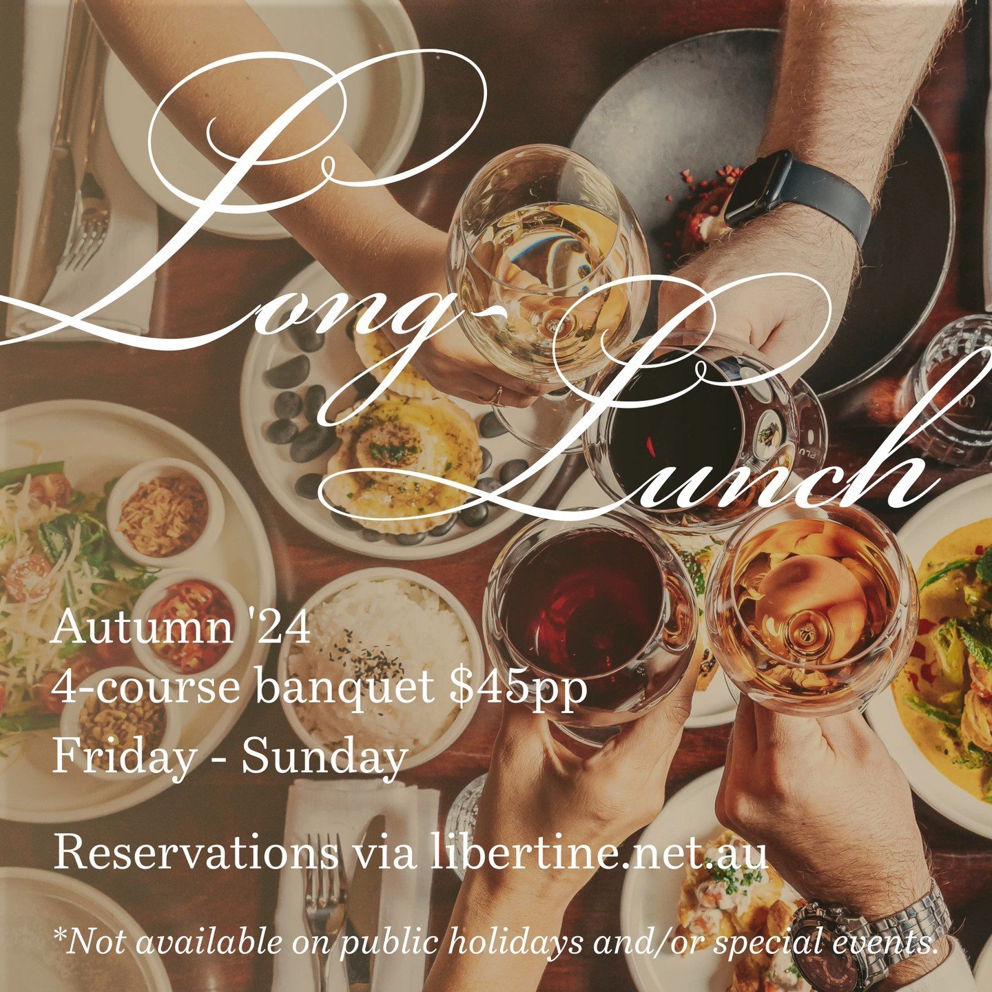 Long lunch with us this autumn ✨ 🥂

Who&rsquo;s joining us this week for our Libertine Long Lunch with 4 delicious courses + upgrade to our bottomless long lunch ✨
⠀
Available every Friday - Sunday 🫶 #livelikealibertine