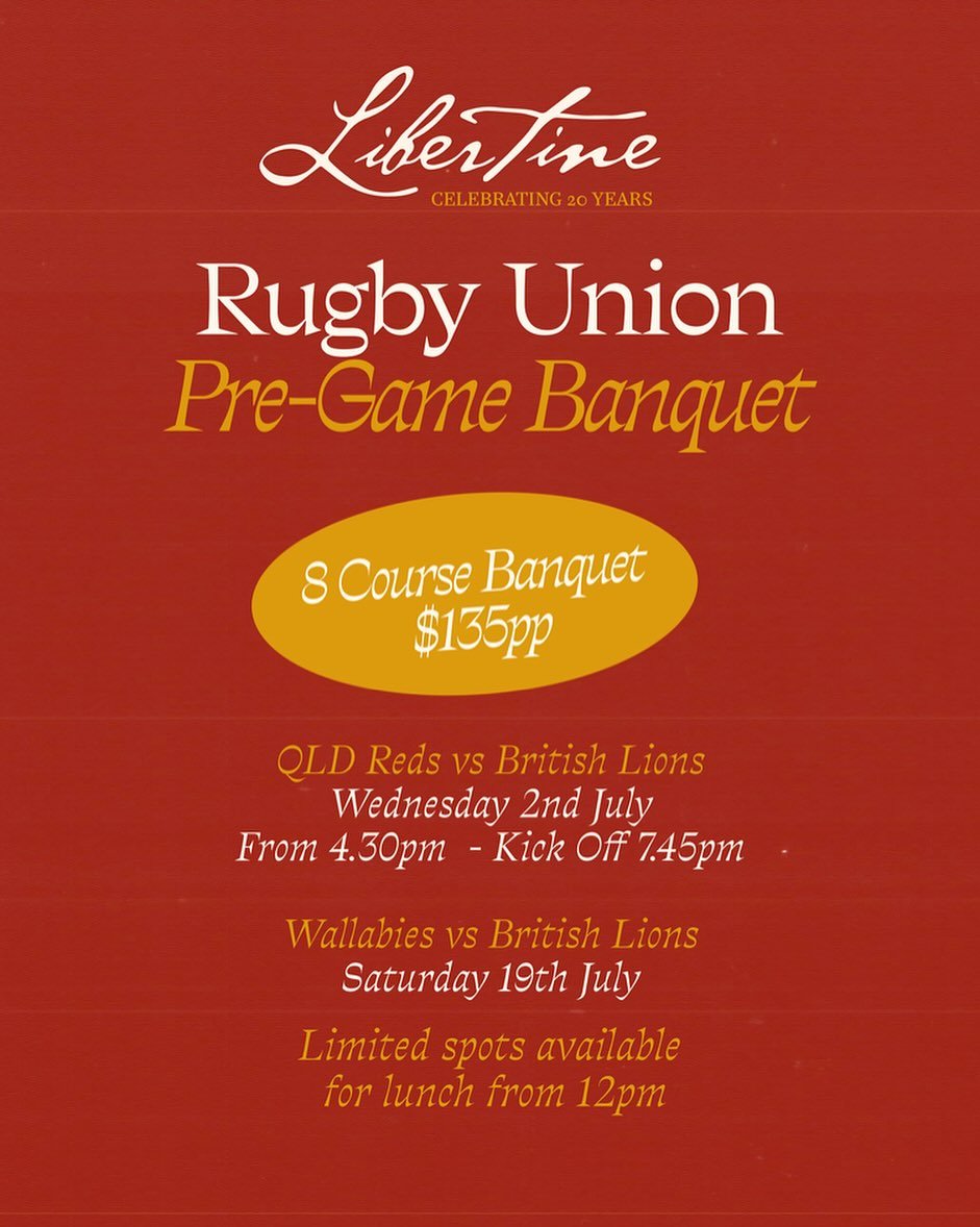 1 WEEK TO GO
Rugby Union Pre-Game Banquet
8-Course Banquet | $135pp

Join us for an unforgettable dining experience before the biggest rugby events of the season at @suncorpstadium 

🏉 QLD Reds vs British Lions
📍 Wednesday 2nd July
🕔 From 4.30pm |