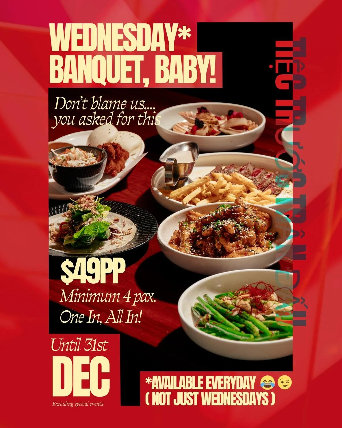 Spend your Sunday the right way - with cocktails, laughter and plates worth fighting over 🍷💃

Our Wednesday* Banquet, Baby! brings the flavour, the fun and all the good vibes for $49pp - 7 courses of share-style magic from 12pm, available everyday 