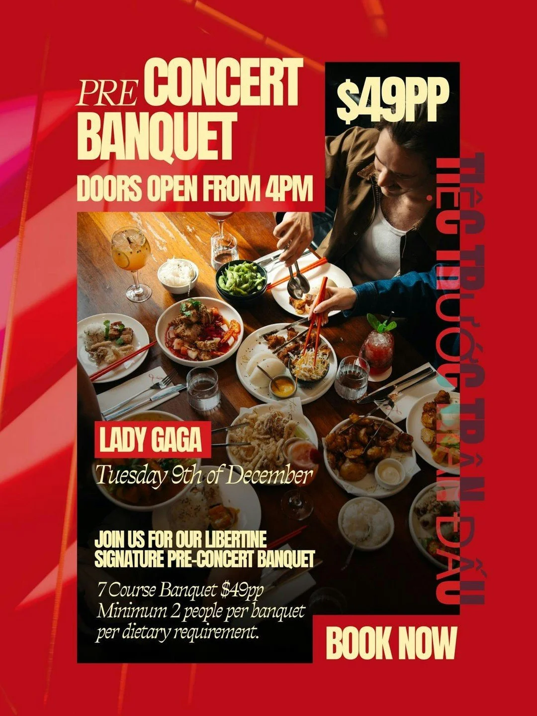 Feast before you go GAGA 🍻💃
Fuel up the Libertine way - chopsticks flying, cocktails flowing and plates disappearing faster than your pre-concert excitement 🎤🔥

Our $49pp 7 Course Pre-Concert Banquet is happening TOMORROW, Tuesday 9th of December