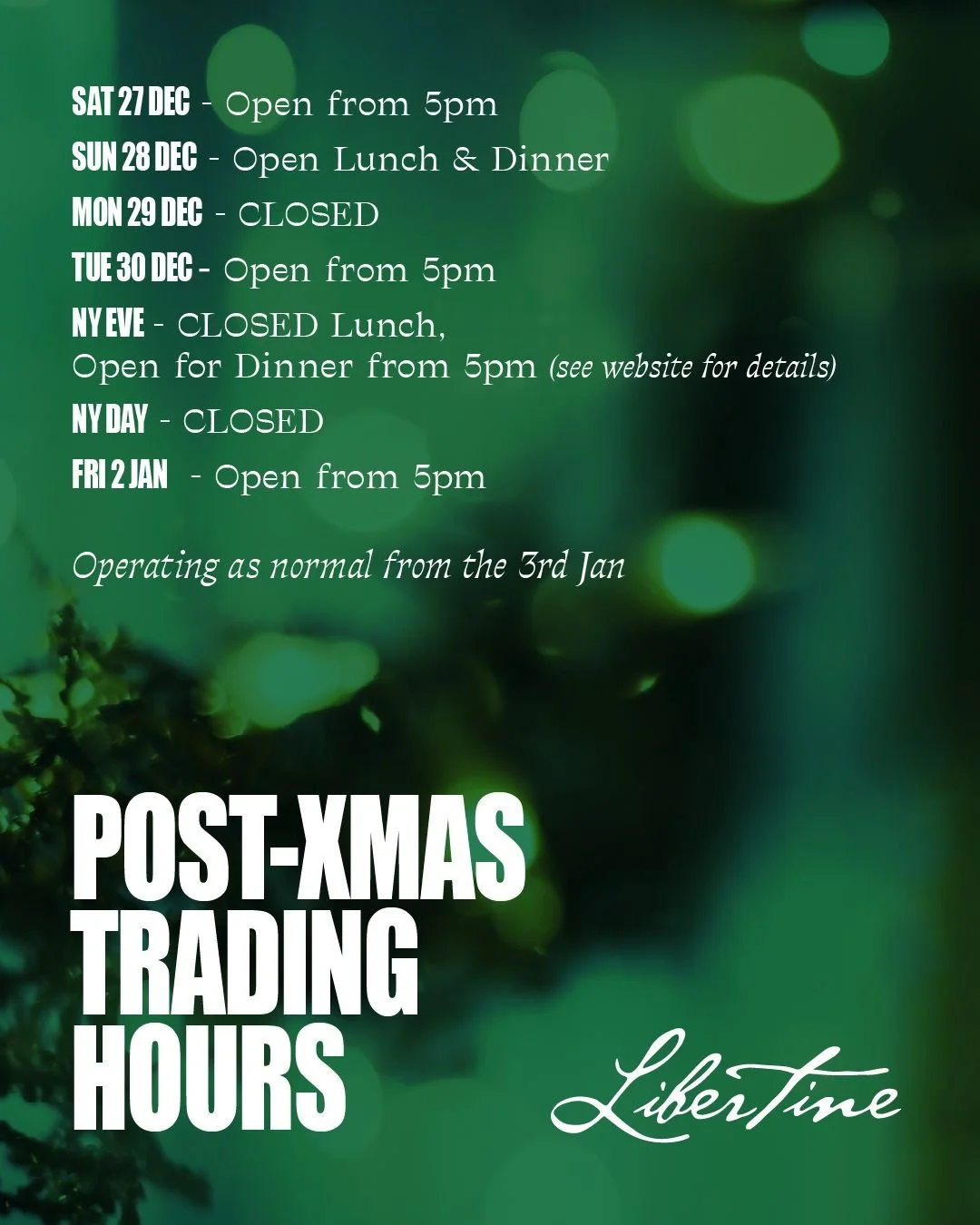 Libertine Post-Christmas Trading Hours 🎄💃

The celebrations continue ~ join us from today for festive dining, shared meals and all your Libertine favourites 🥢

Book in and let the week unwind 🍷

#itslibertinebaby

Call (07) 3367 3353 or book onli