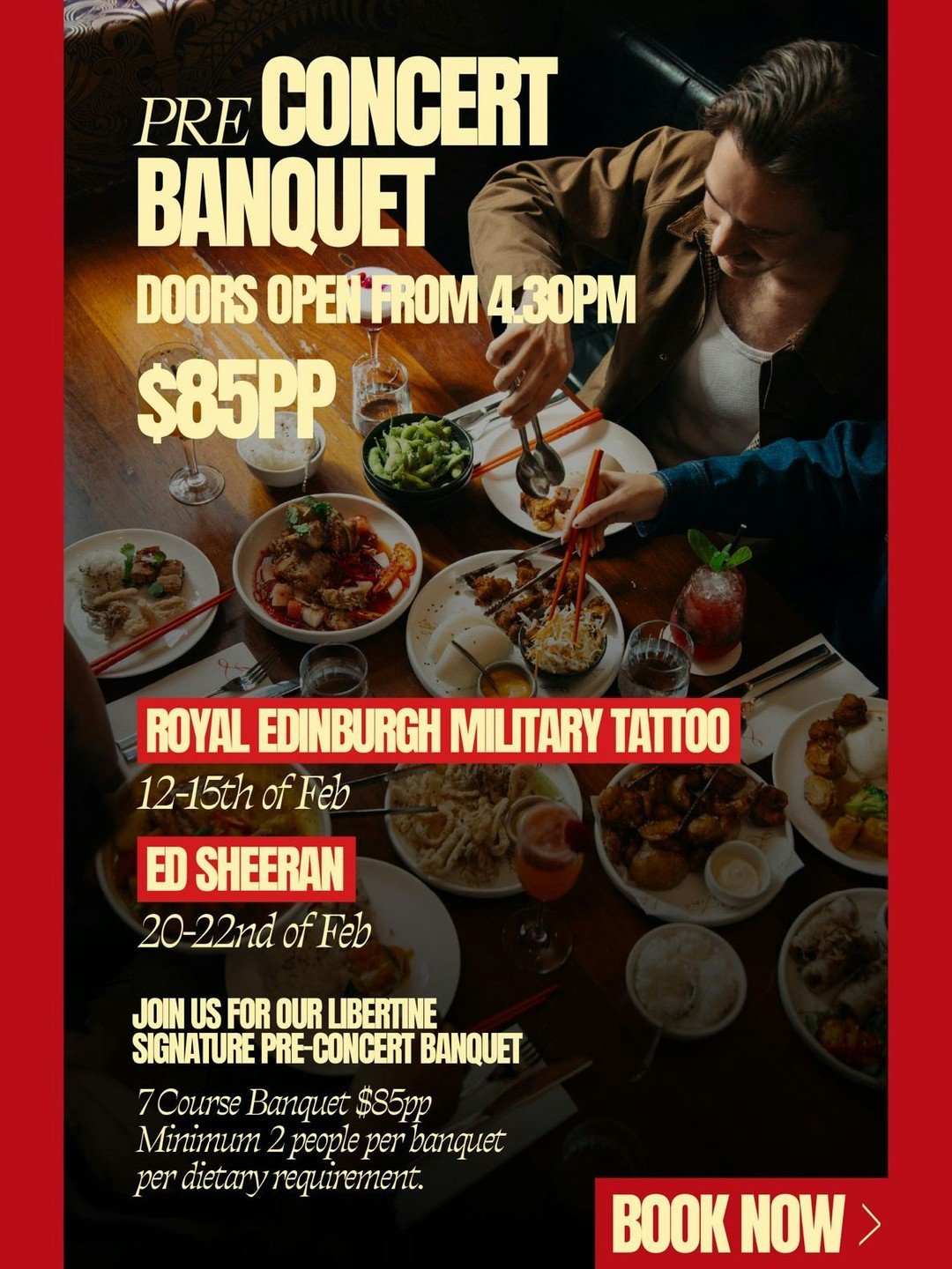 February is BIG at Libertine 🔥🥢
Concert nights, big energy and the perfect excuse to start the evening properly

Before the lights go down and the music takes over, fuel up with our Libertine Pre-Concert Banquet.

Seven bold, share-style courses fo