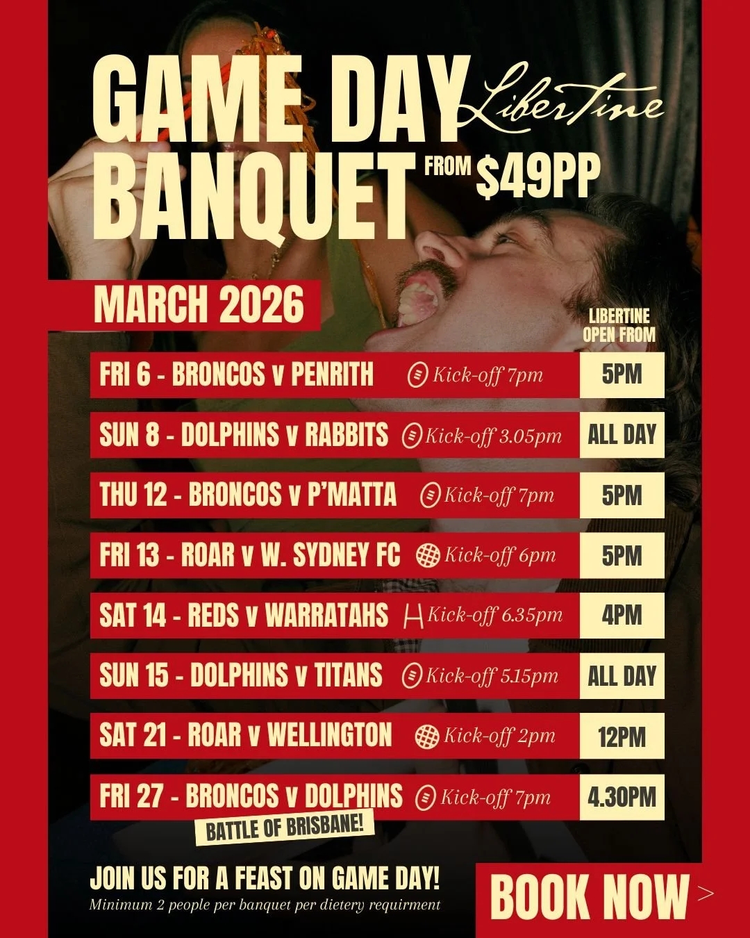 3月は試合日イベントが目白押し！リバティーンがその幕開けを飾る💥🔥

仲間を集めてゲームデイ・バンケットを予約しよう～大食い、賑やかなテーブル、熱狂的な試合前のエネルギーにぴったりの宴。まずは大食いして、スタジアムへ向かう🍷💃

バンケット、