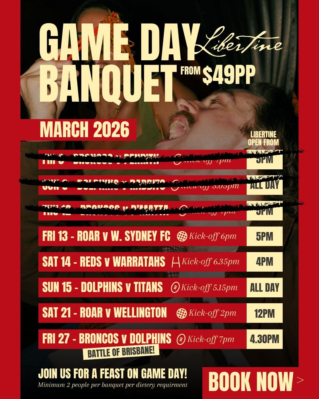 Three games down and the game day energy at Libertine is only getting louder 💥🔥

More matches, more feasts and more pre-game tables getting fired up before kick-off. Rally the crew and lock in a Game Day Banquet before the next showdown 🍷💃

Banqu