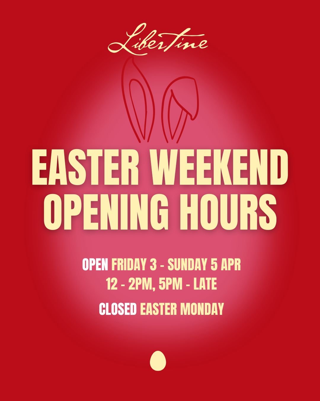 Easter Weekend Opening Hours 🐰✨

We&rsquo;re open Friday to Sunday for lunch and dinner ~ come by, settle in and enjoy your Libertine favourites 💃

#itslibertinebaby

Call (07) 3367 3353 or book online at www.libertine.net.au