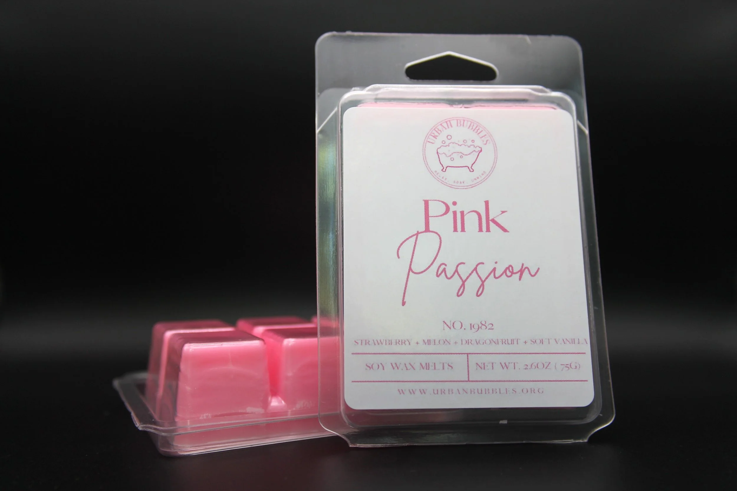 Pink Passion Wax Melt with a vibrant fragrance of strawberry, melon, dragonfruit, and vanilla, perfect for uplifting your space.