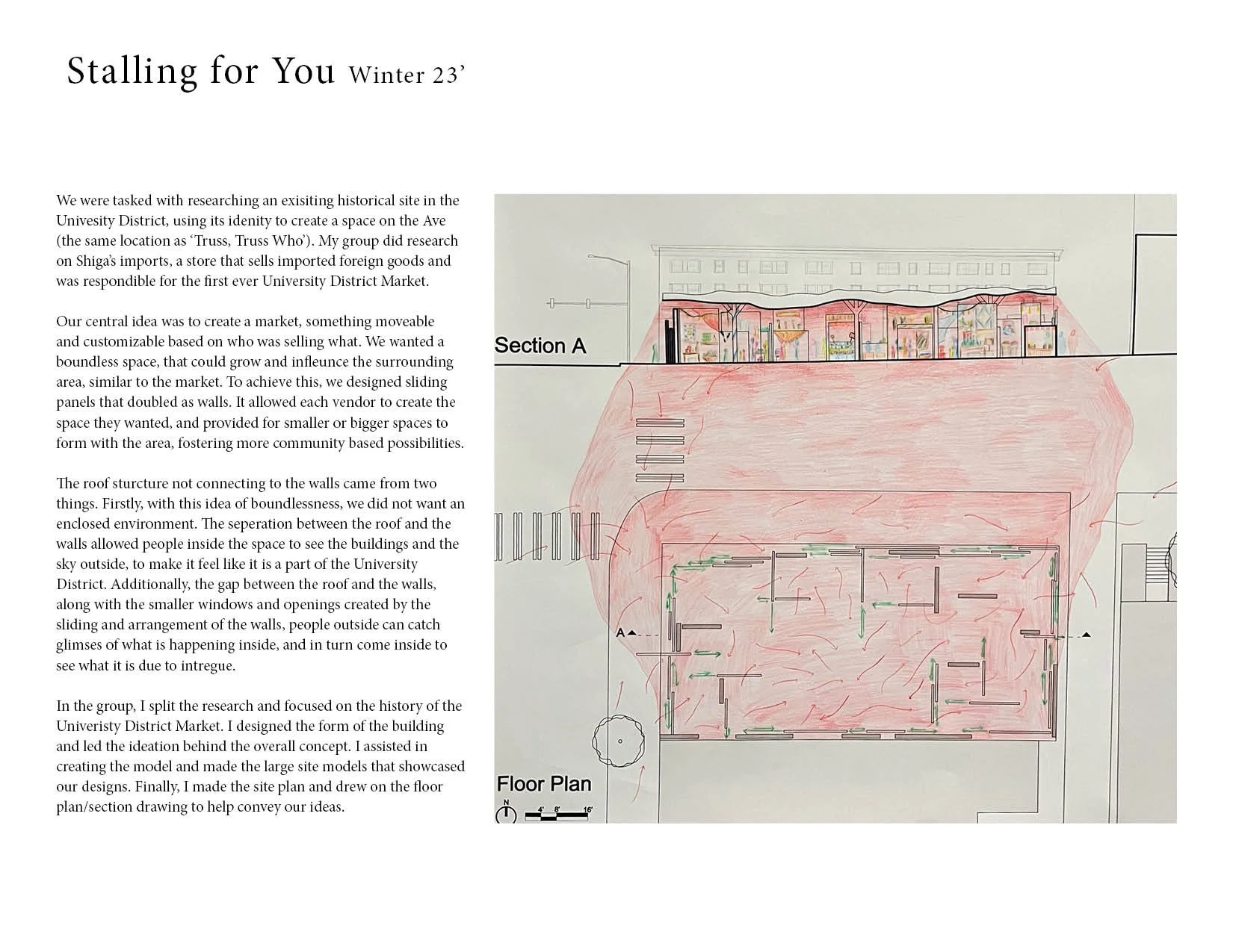 A detailed architectural site plan and drawing of a market space with a section labeled 'Section A' and a floor plan labeled 'Floor Plan,' with red shading indicating specific areas and green arrows showing directions and elements within the design.